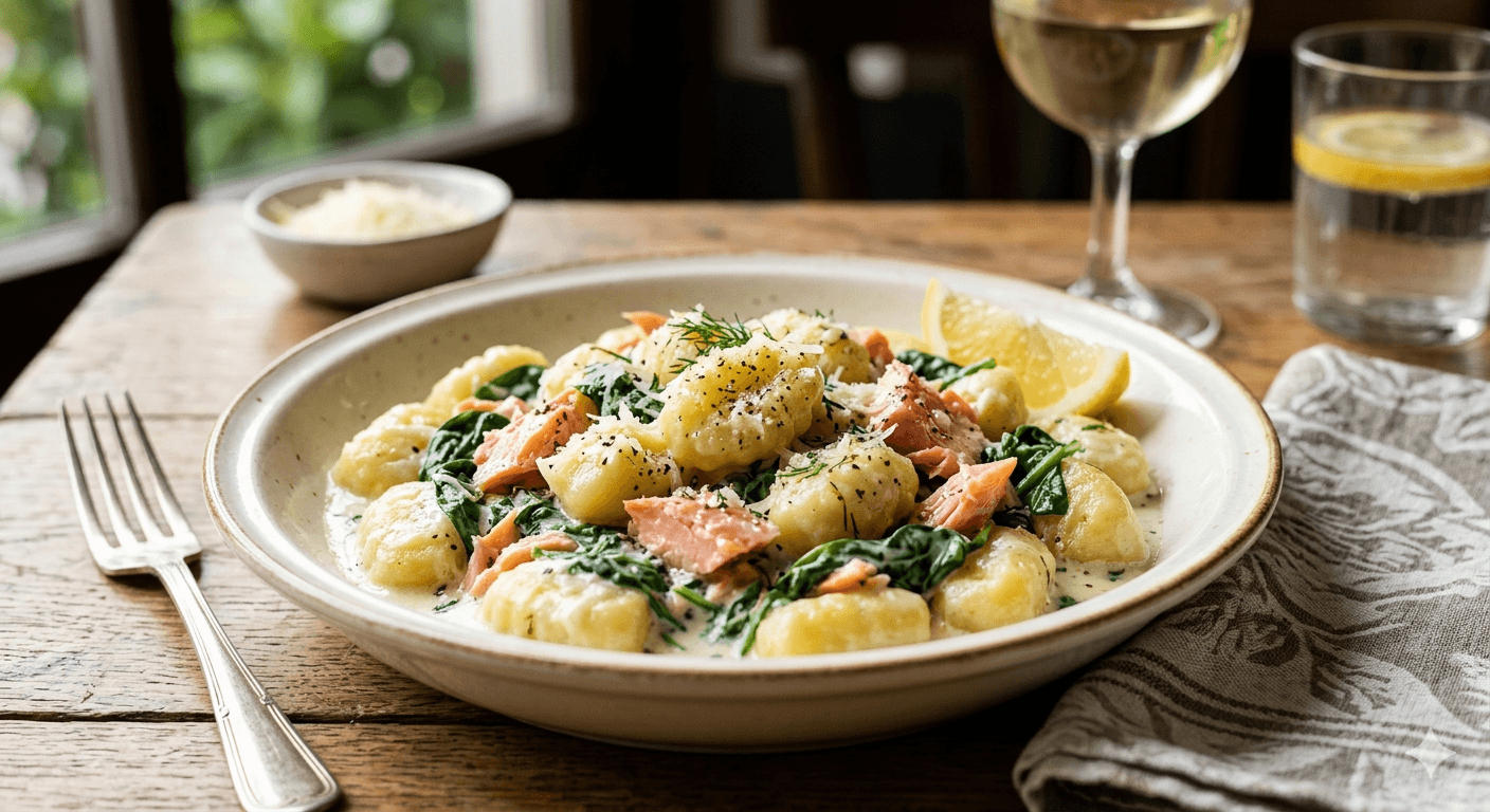Gnocchi s listovým špenátom a údeným lososom