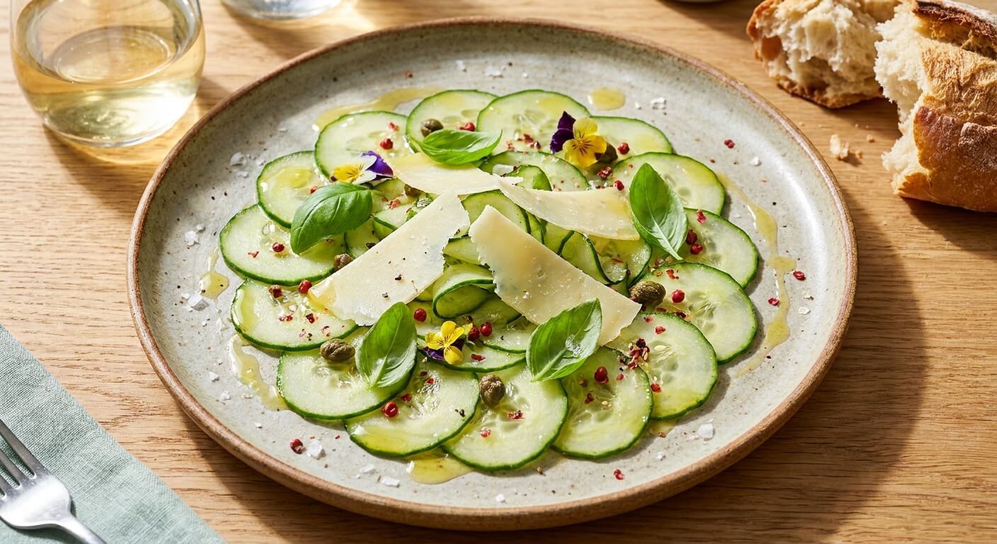 Okurkové carpaccio s parmazánem a čerstvou bazalkou