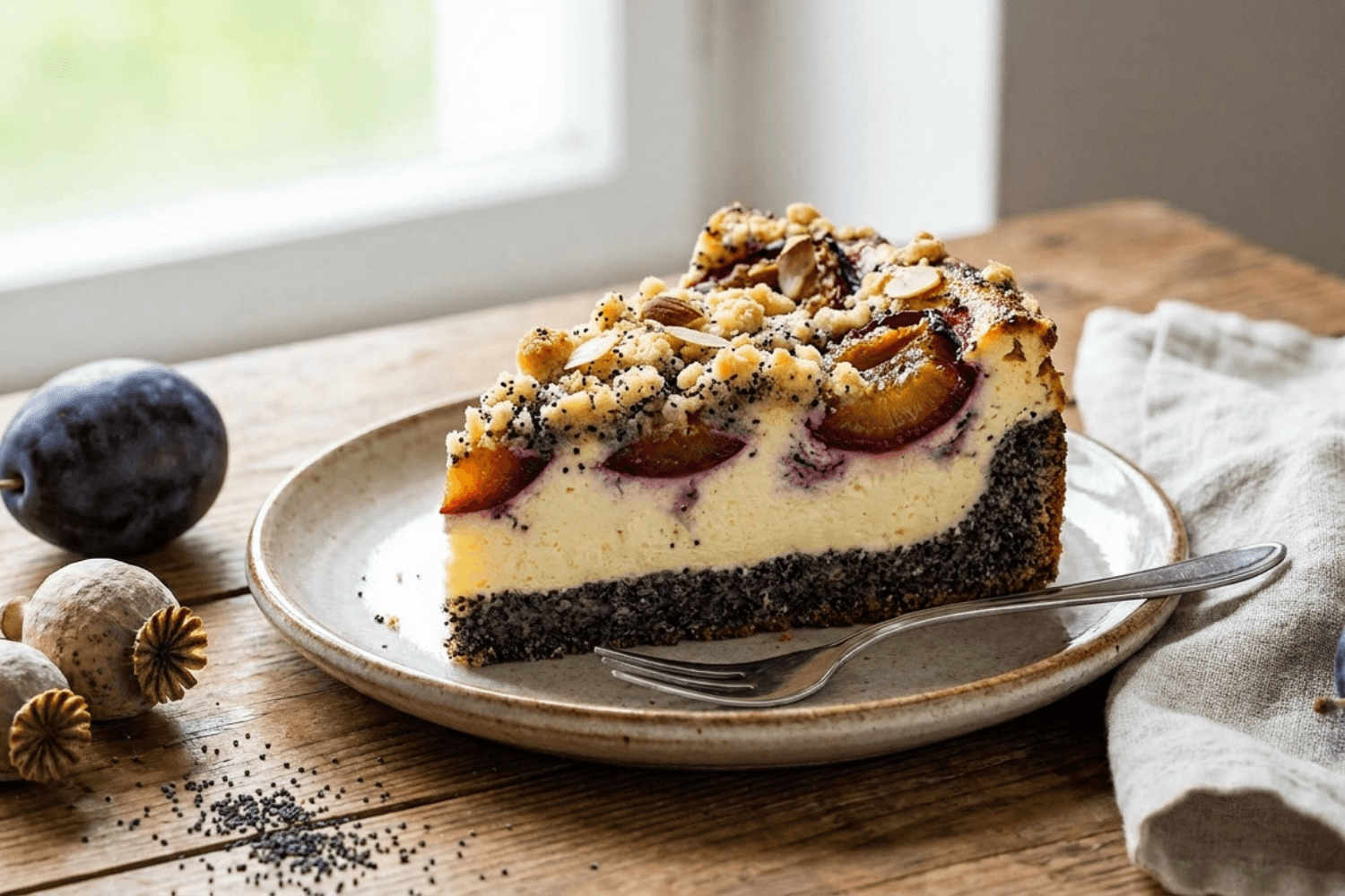 Švestkový cheesecake s makovým korpusem