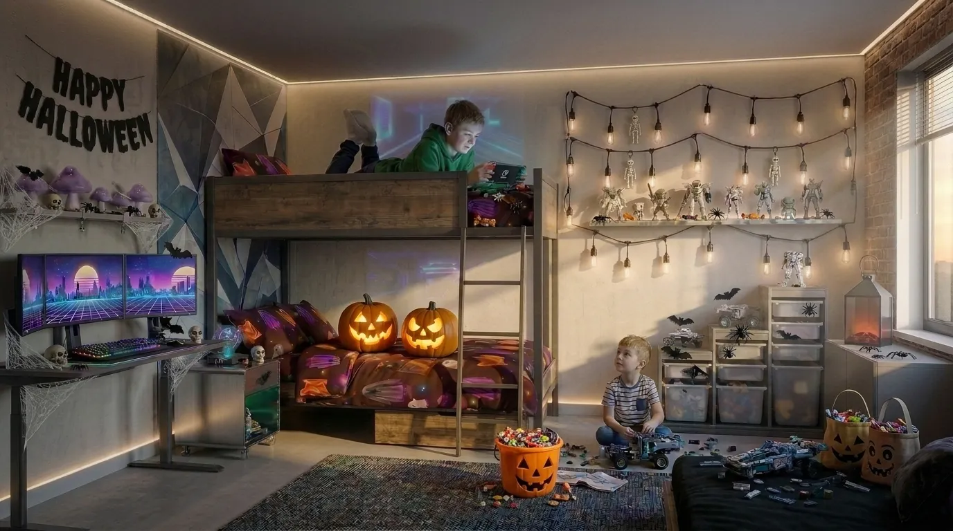 Halloweenské povlečení v dětském pokoji s dýněmi a světly