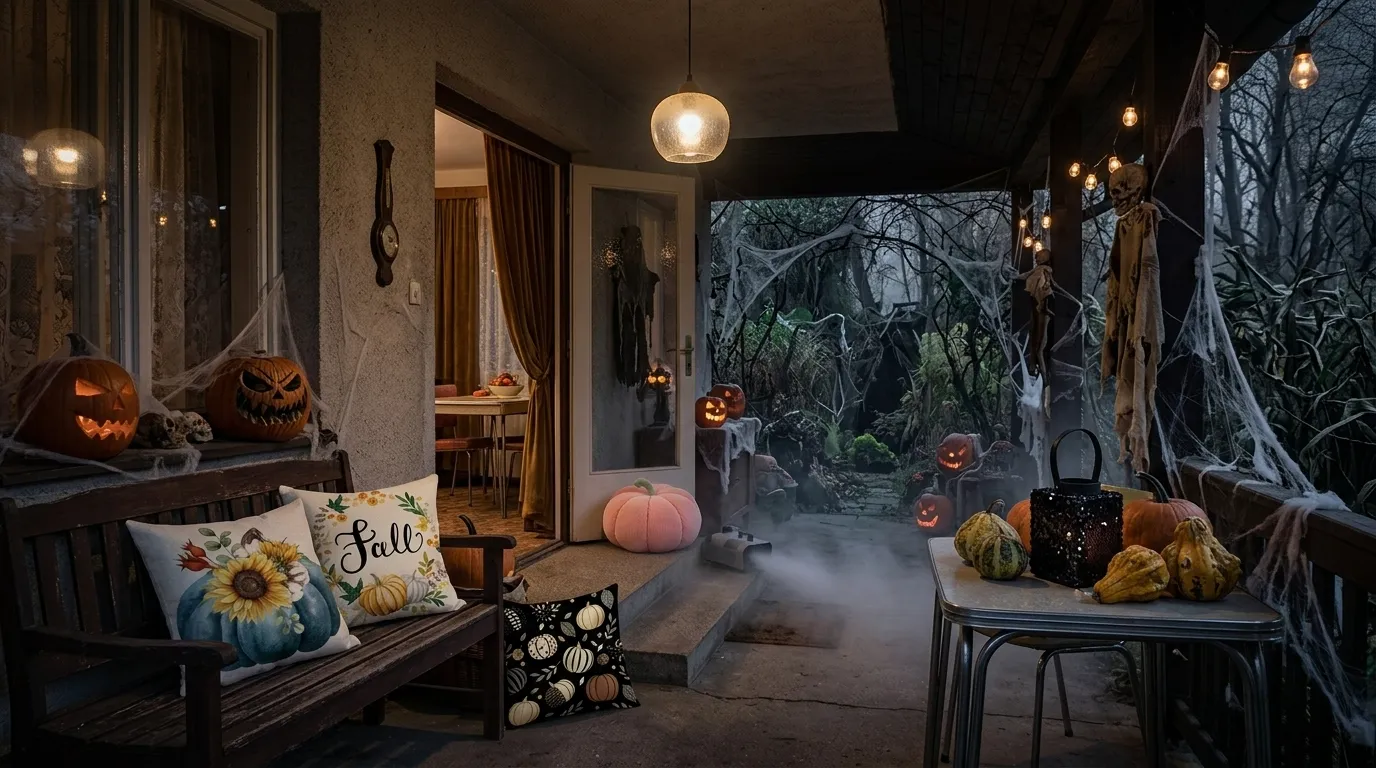 Halloween výzdoba bytu – polštáře s dýněmi, lucerna a dekorace na lavici